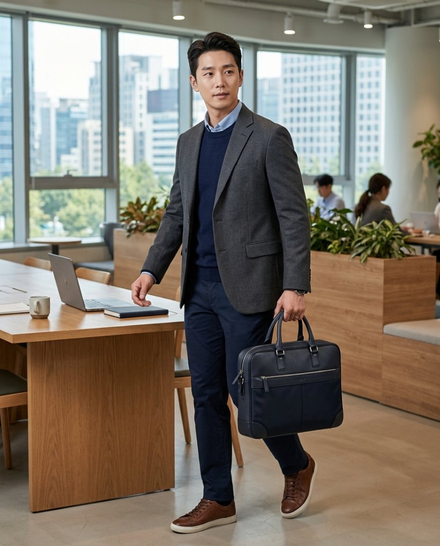 도심 거리에서 비즈니스 캐주얼로 걷는 모습