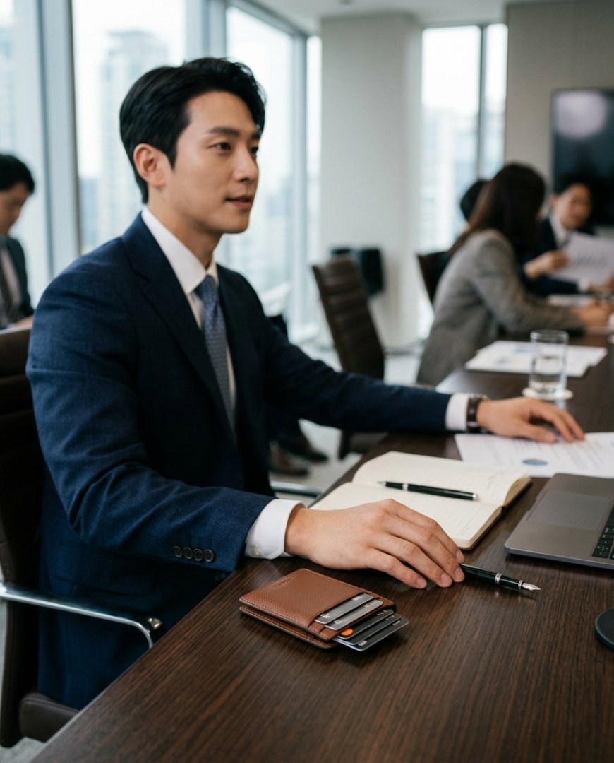 정리된 책상 위 블랙 카드지갑