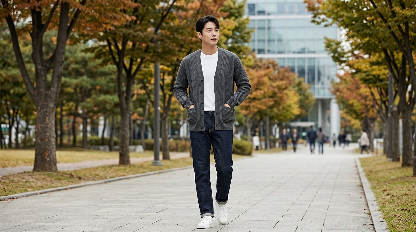 가을 정원에서 네이비와 베이지 가디건을 입은 남성 모델