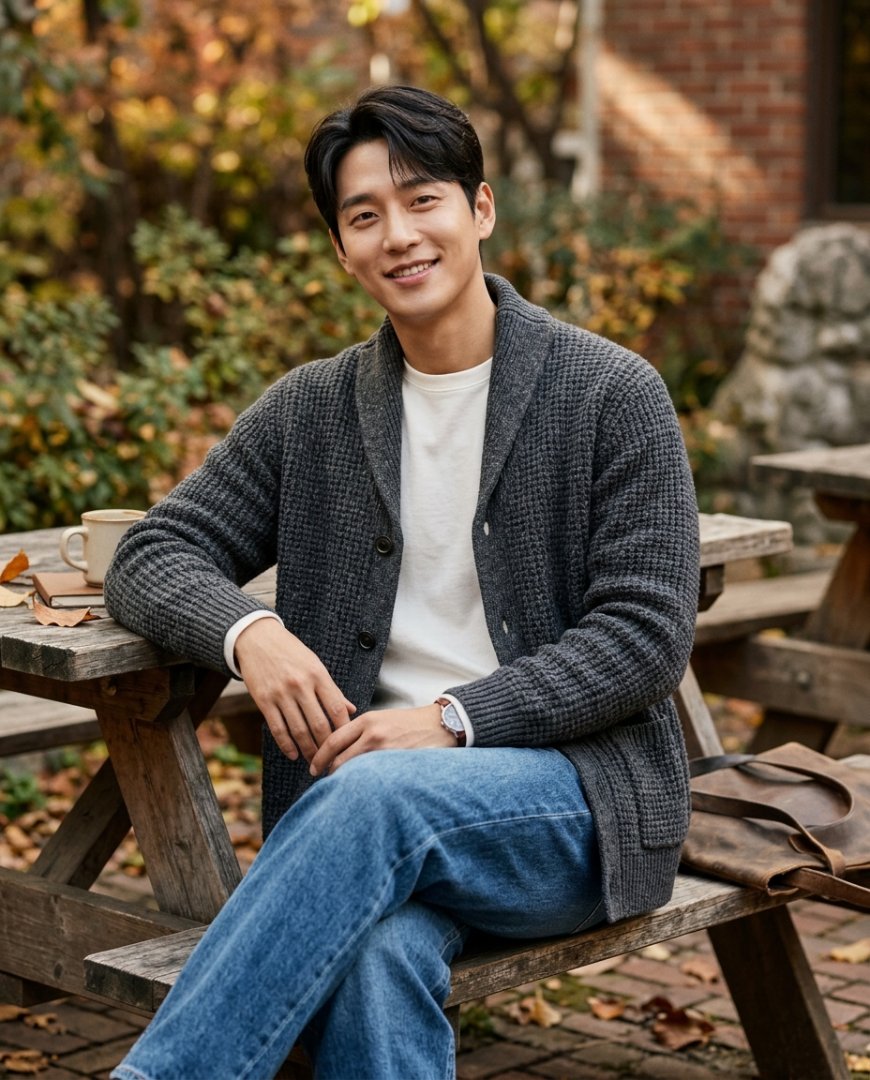 야외 카페에서 가디건에 데님을 입은 캐주얼 착장
