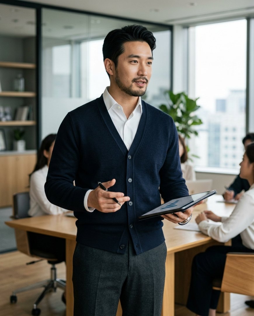사무실에서 가디건에 슬랙스를 입은 세련된 룩