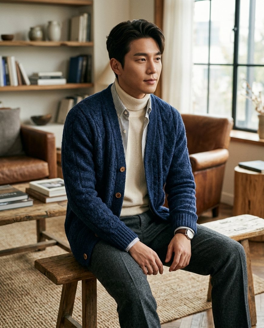 거실에서 셔츠와 가디건을 겹쳐입은 모습