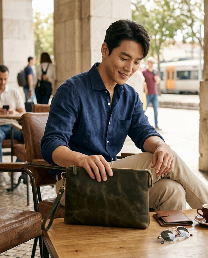여행을 준비하며 클러치백을 배낭에 넣는 광경