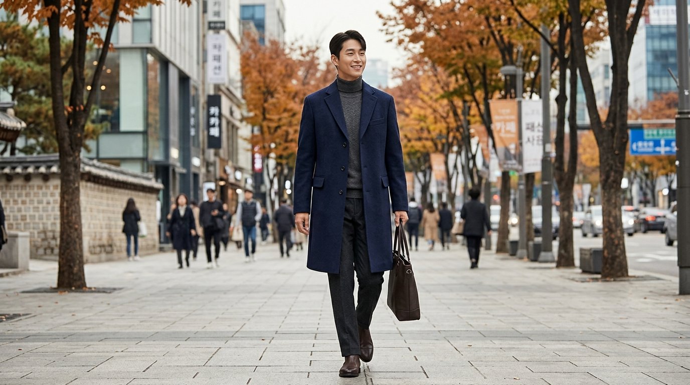 도심 거리, 남성들이 다양한 스타일의 코트를 입고 있다