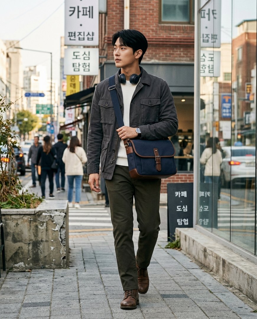 슬랙스와 크로스백을 멘 모델이 도시에서 걷고 있음