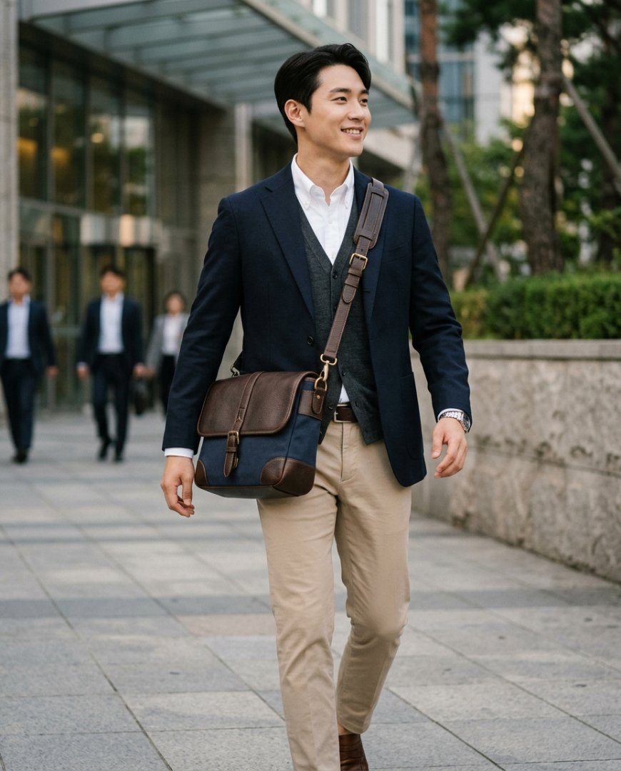 수트와 로퍼에 크로스백을 멘 사람이 로비에서 통화 중임
