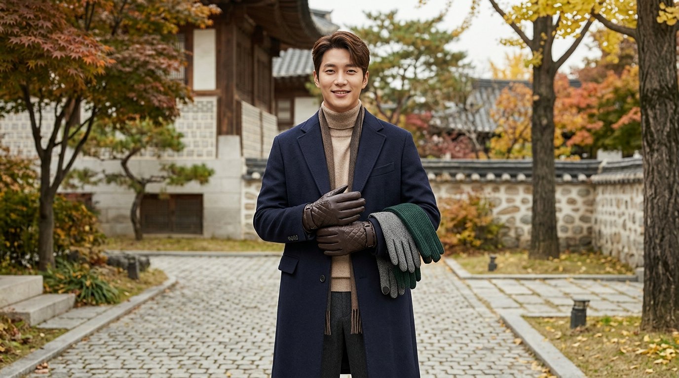 다양한 디자인의 남성 장갑이 자연광 아래 놓여져 있습니다.