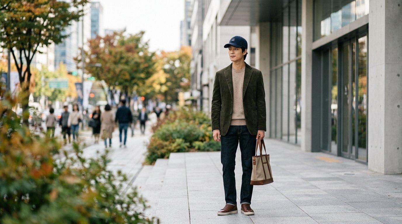 다양한 스타일의 남성들이 도심 거리에서 모자를 쓰고 서 있는 모습.