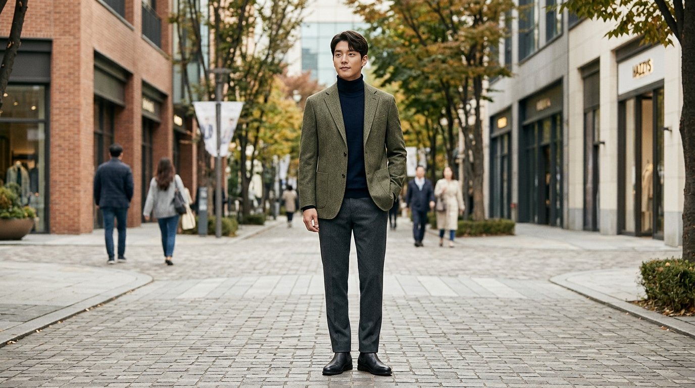 헤지스 자켓을 입고 도시 거리 이동 중인 모습
