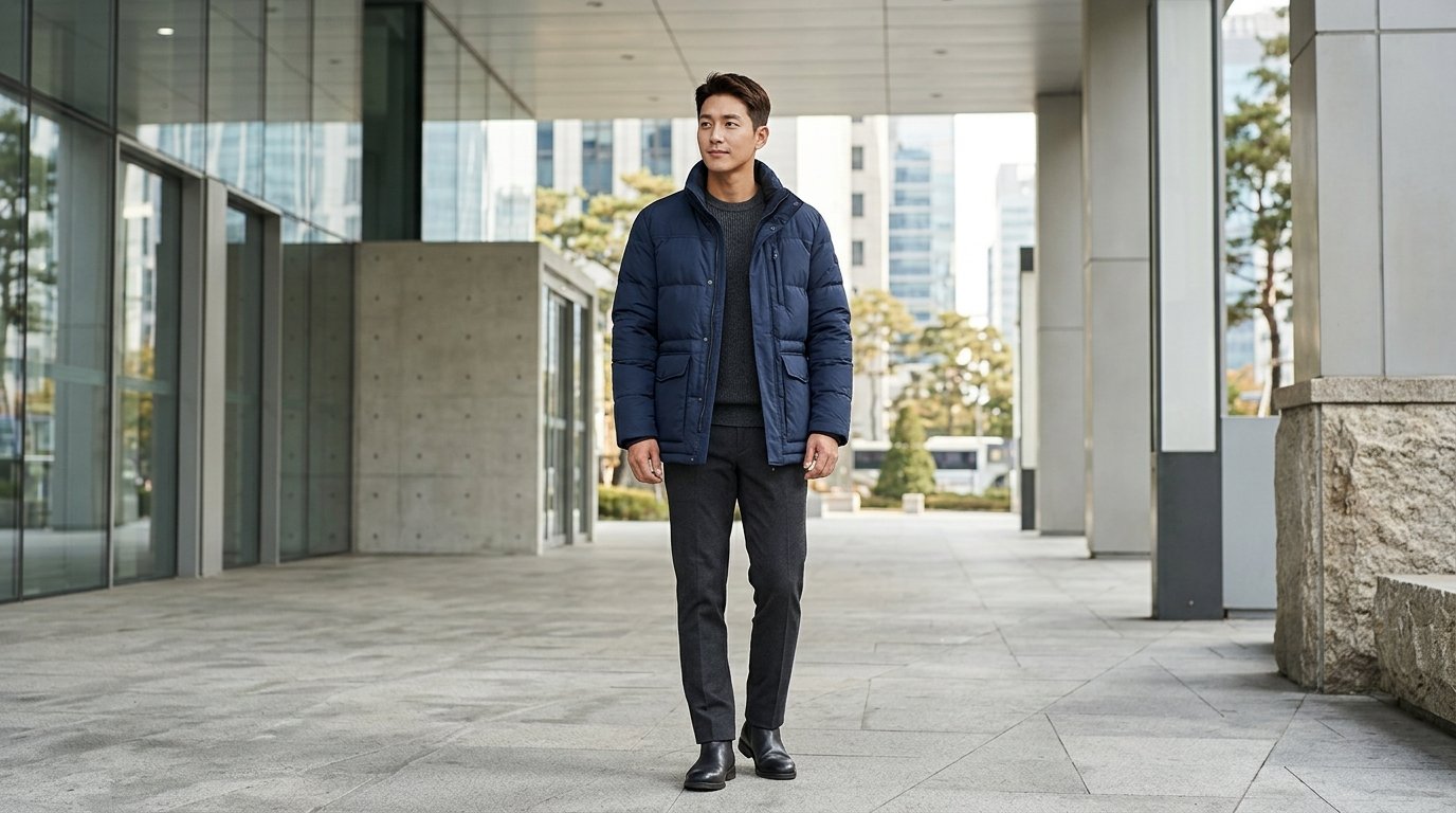도심을 배경으로 다양한 남성들이 점퍼를 입고 걷고 있는 장면