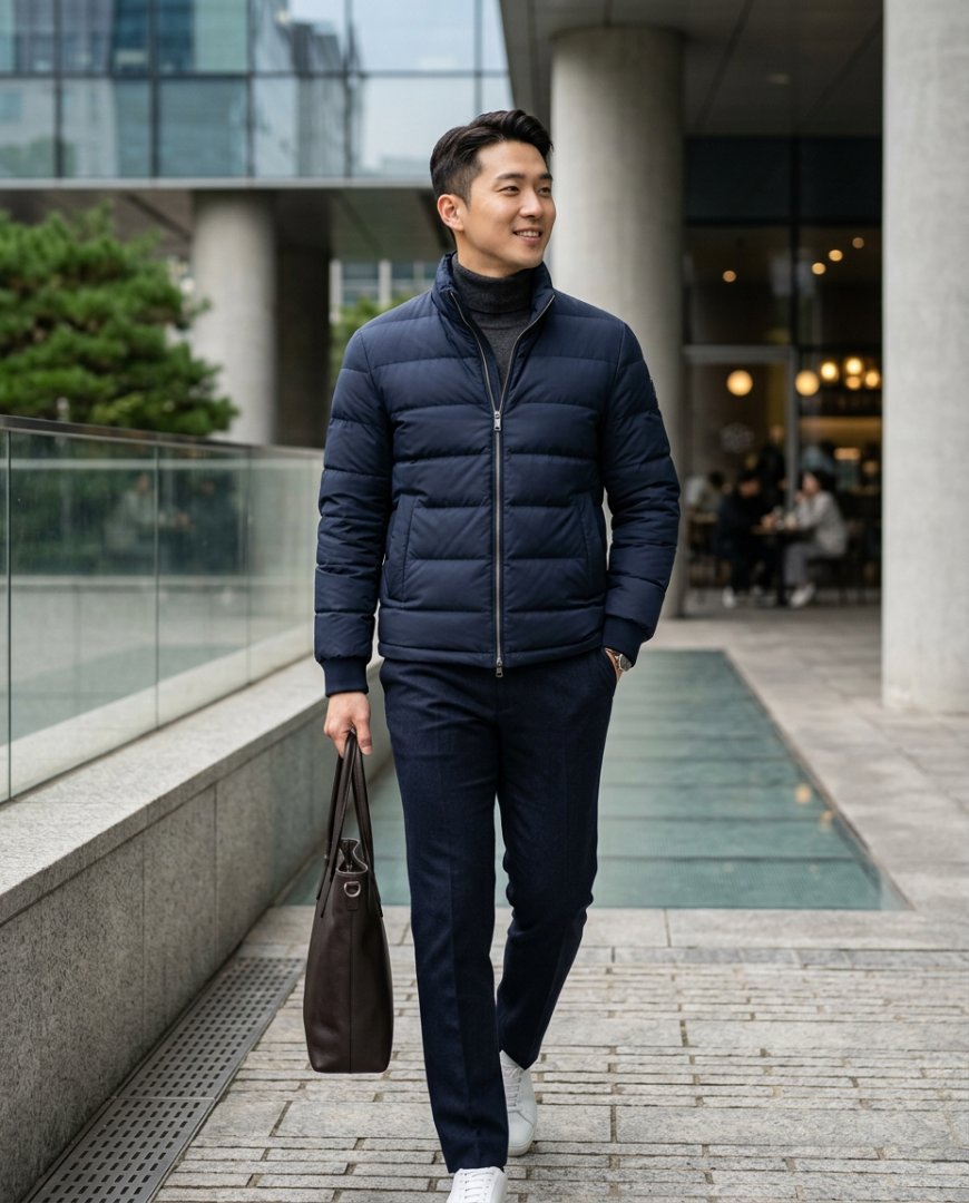 공식적인 실내 환경에서 가죽 점퍼와 슬랙스를 입고 있는 남성