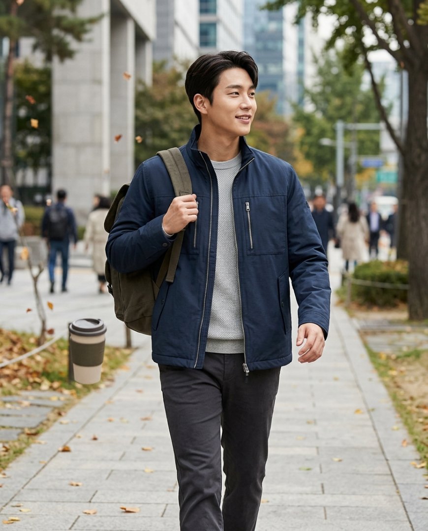 카키 팬츠와 흰 스니커즈로 완성된 캐주얼 아웃핏