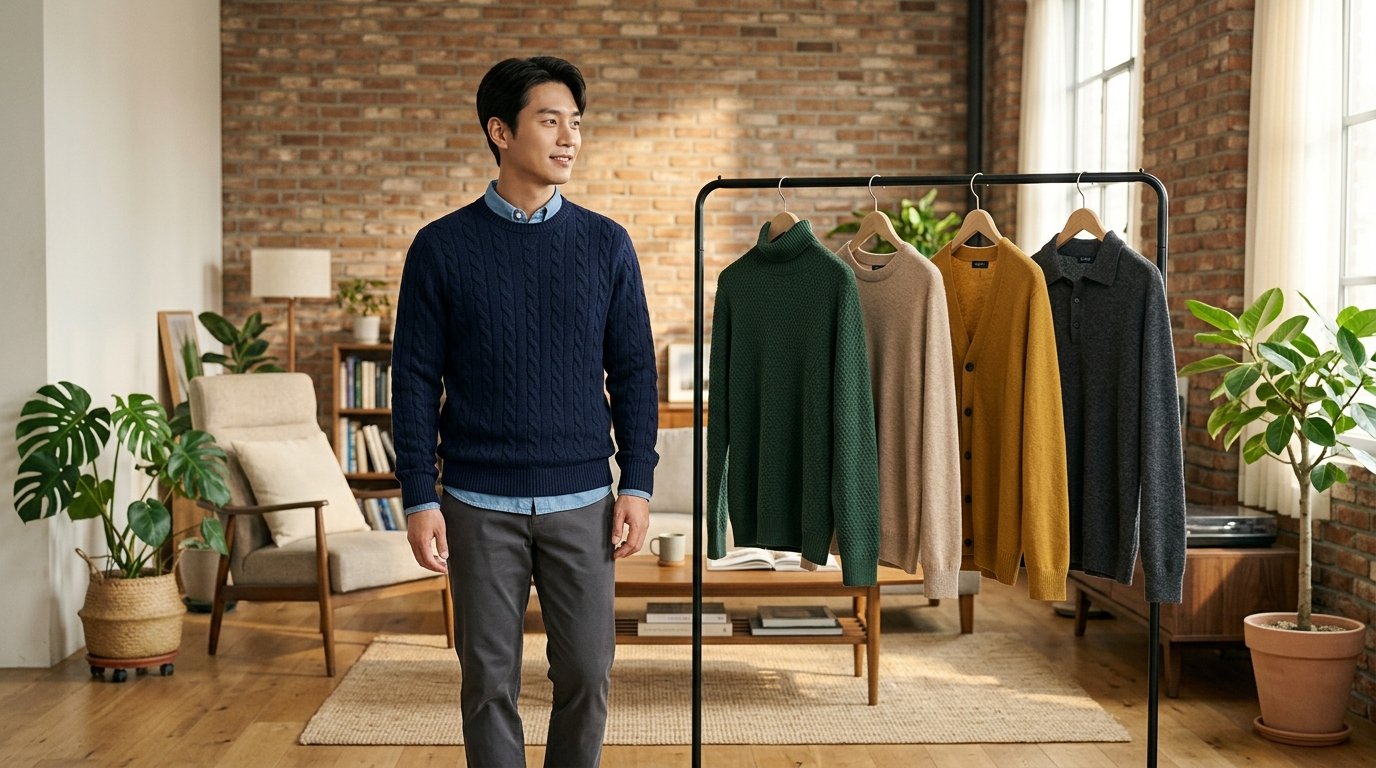 도심 거리에서 스타일리시한 니트를 입은 남성