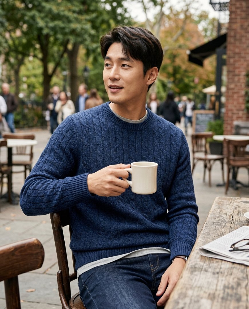 거실에서 니트와 데님을 입은 남성