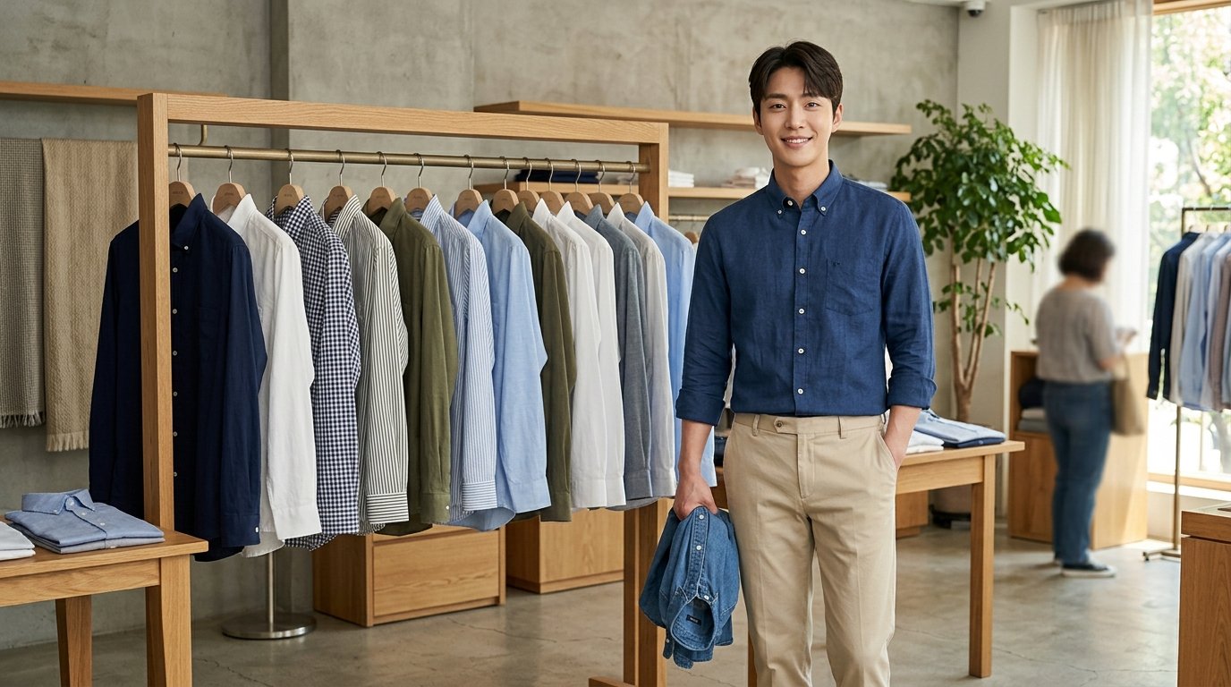 도심 속 거리에서 다양한 셔츠를 겹쳐 입은 사람들 모습.