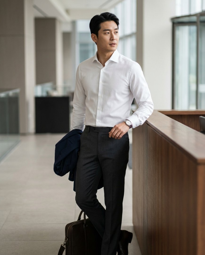 고급스러운 사무실에서 셔츠와 슬랙스를 입은 남성.