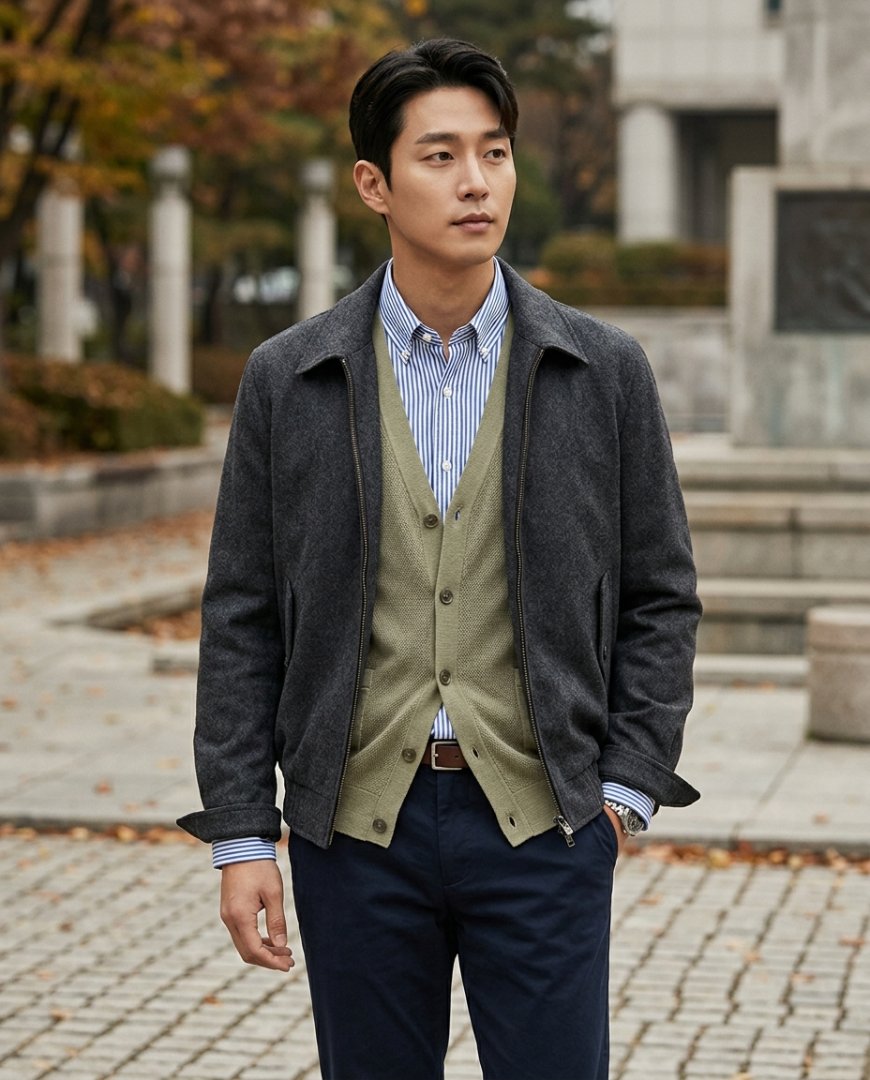 카페에서 셔츠에 니트와 자켓을 레이어링한 남성.