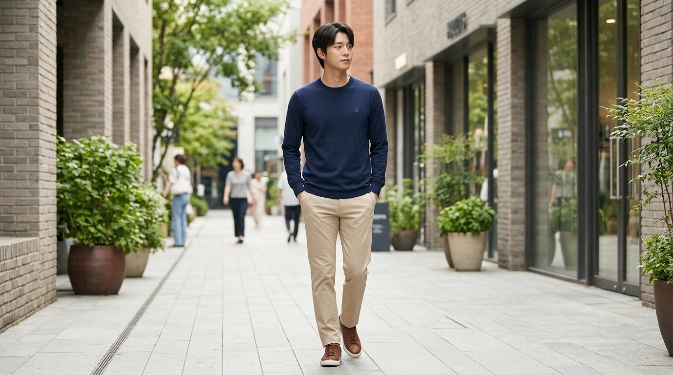 도심 배경의 남성이 긴팔티셔츠와 청바지를 입고 있는 모습