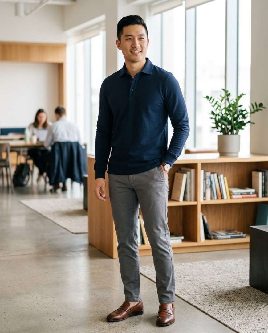 도심의 사무실 배경에서 슬랙스를 입은 남성