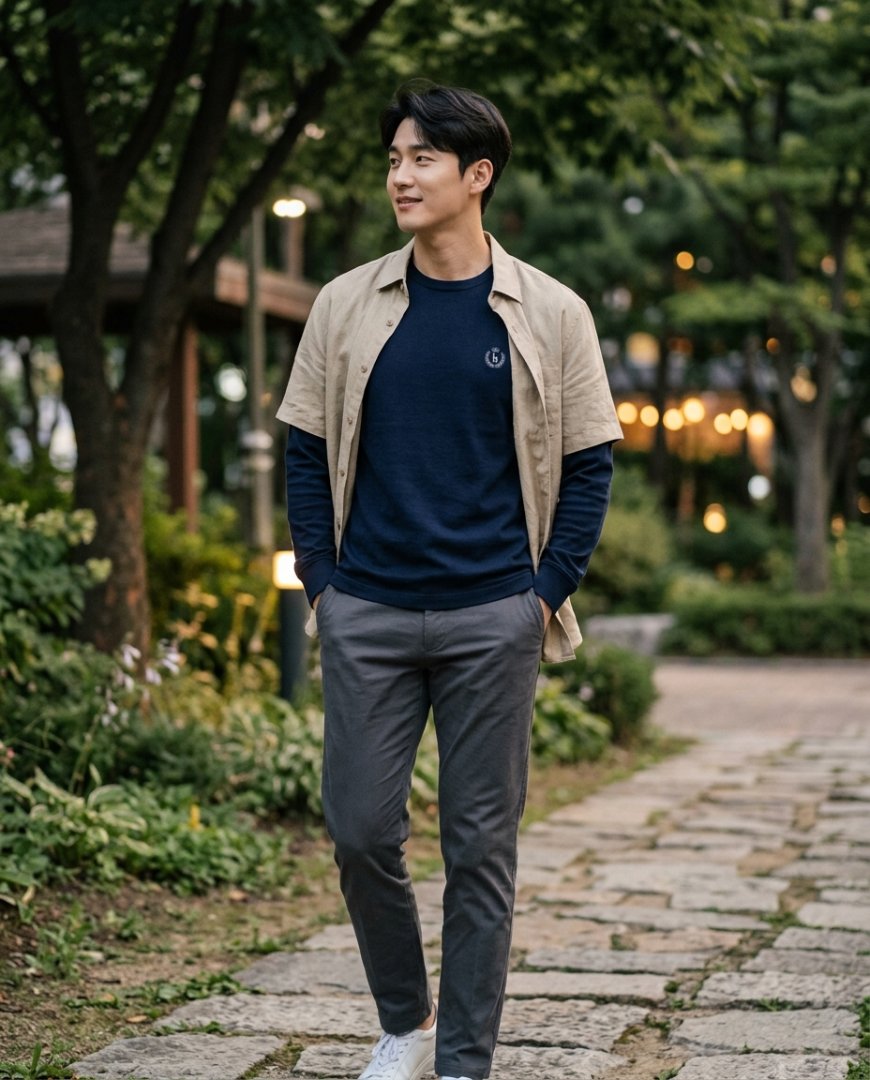 저녁 도시를 배경으로 레이어링한 남성