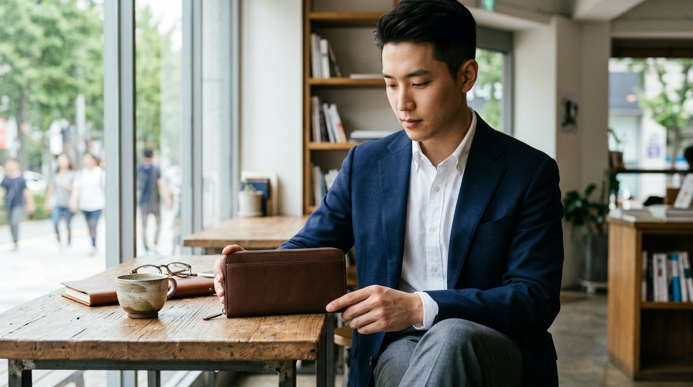 고급스러운 진열대에 다양한 형태의 남성 장지갑이 놓여 있는 장면
