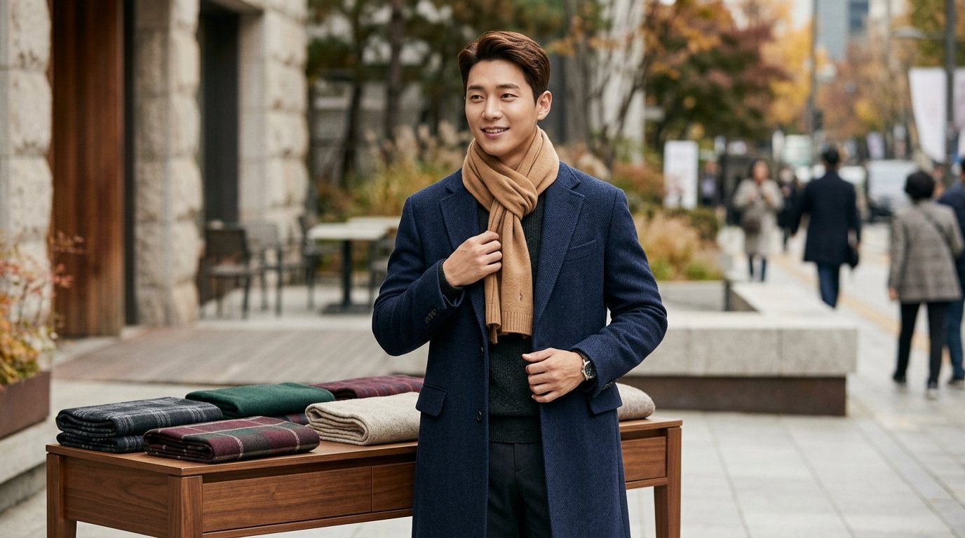 남성들이 거리를 걷는 장면, 다양한 머플러 스타일을 착용한 모습