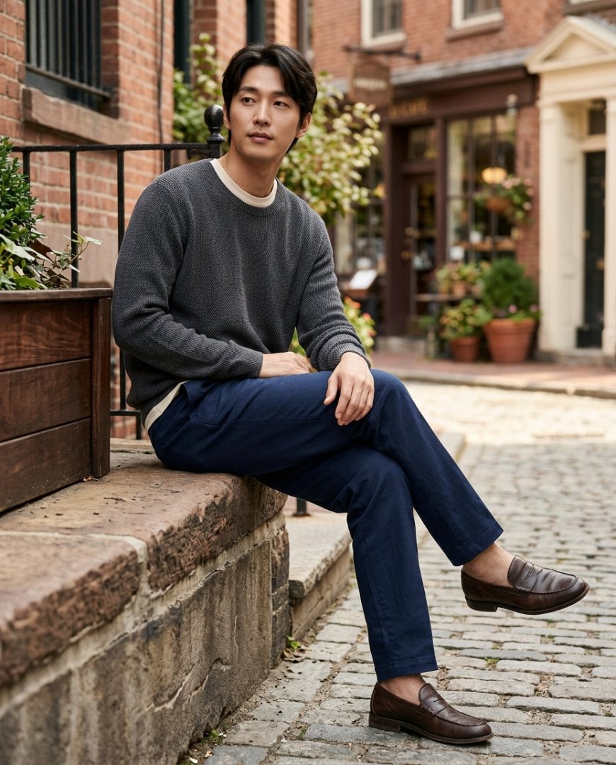 밴딩팬츠와 루즈핏 티셔츠를 입은 캐주얼 룩 스타일링 모습입니다.