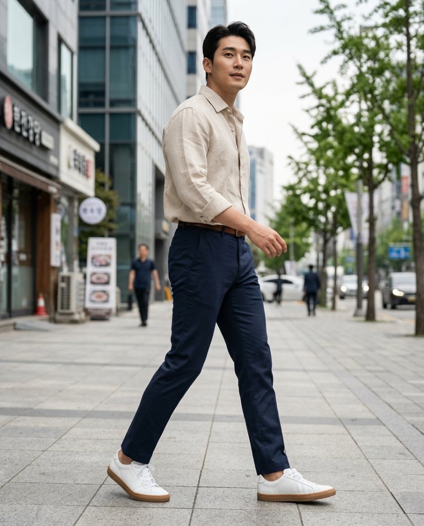 그레이 팬츠와 화이트 셔츠로 스타일링한 남성의 도시적 룩