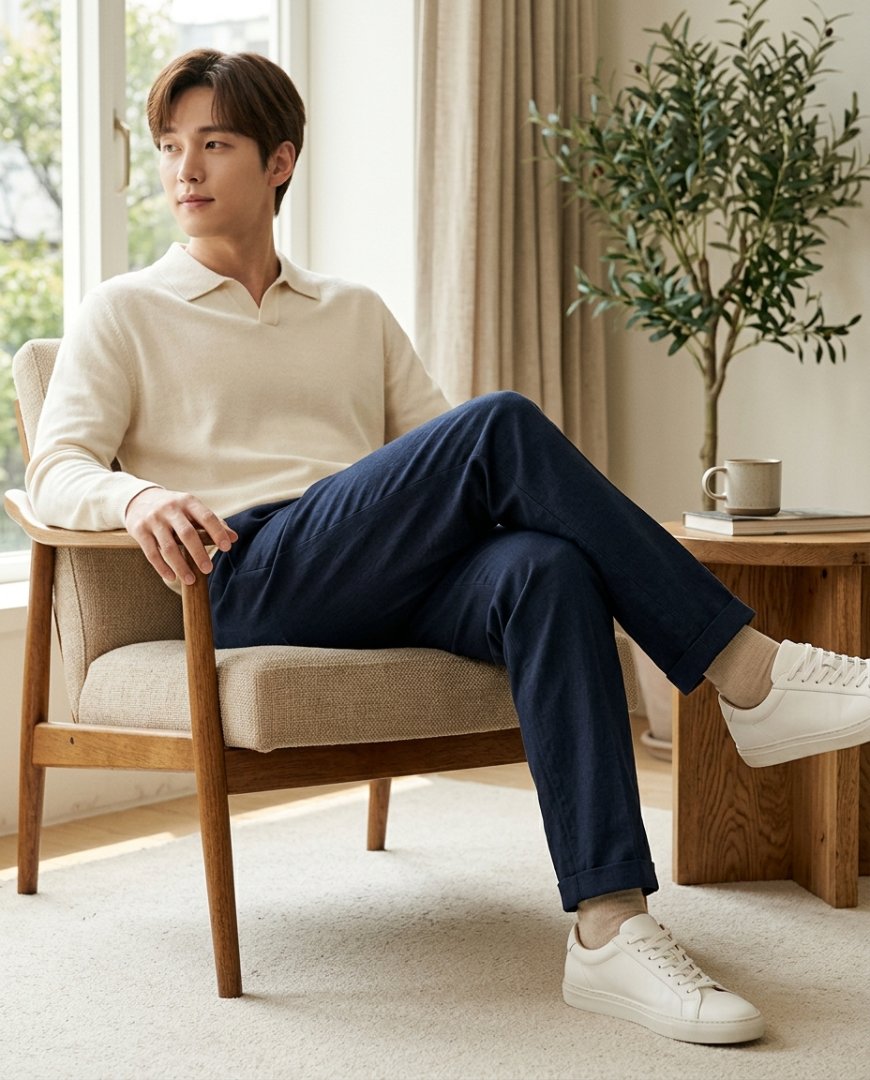베이지 팬츠와 니트 스웨터로 구성된 우아한 룩