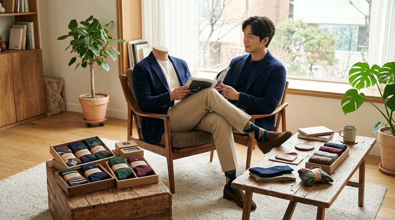 다양한 남성용 양말과 신발이 나무 선반에 진열되어 있다.