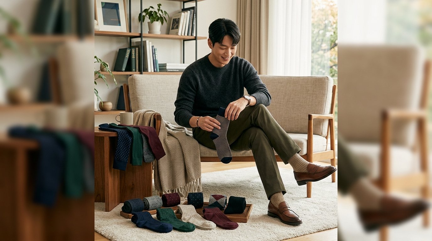 갖가지 양말과 패션 소품이 조화롭게 배치된 전시
