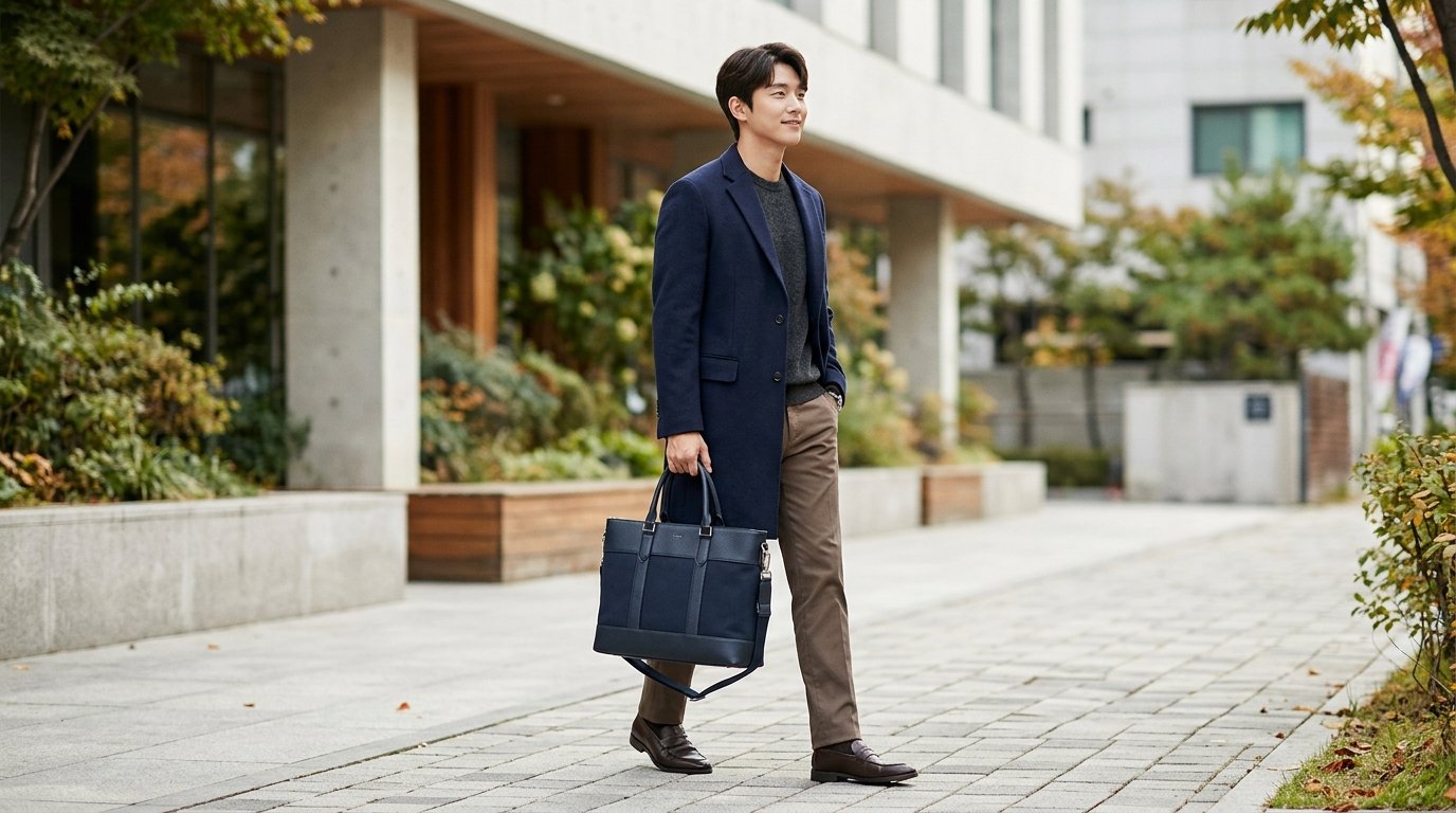 여러 남성용 토트백이 도심 배경 앞에 가지런히 놓여 있는 모습