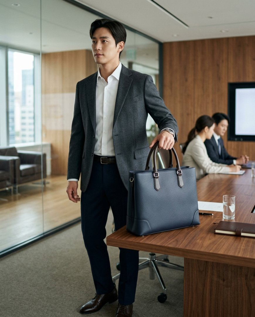 토트백이 테이블 위에 놓여 있고 정장이 걸려 있는 모습