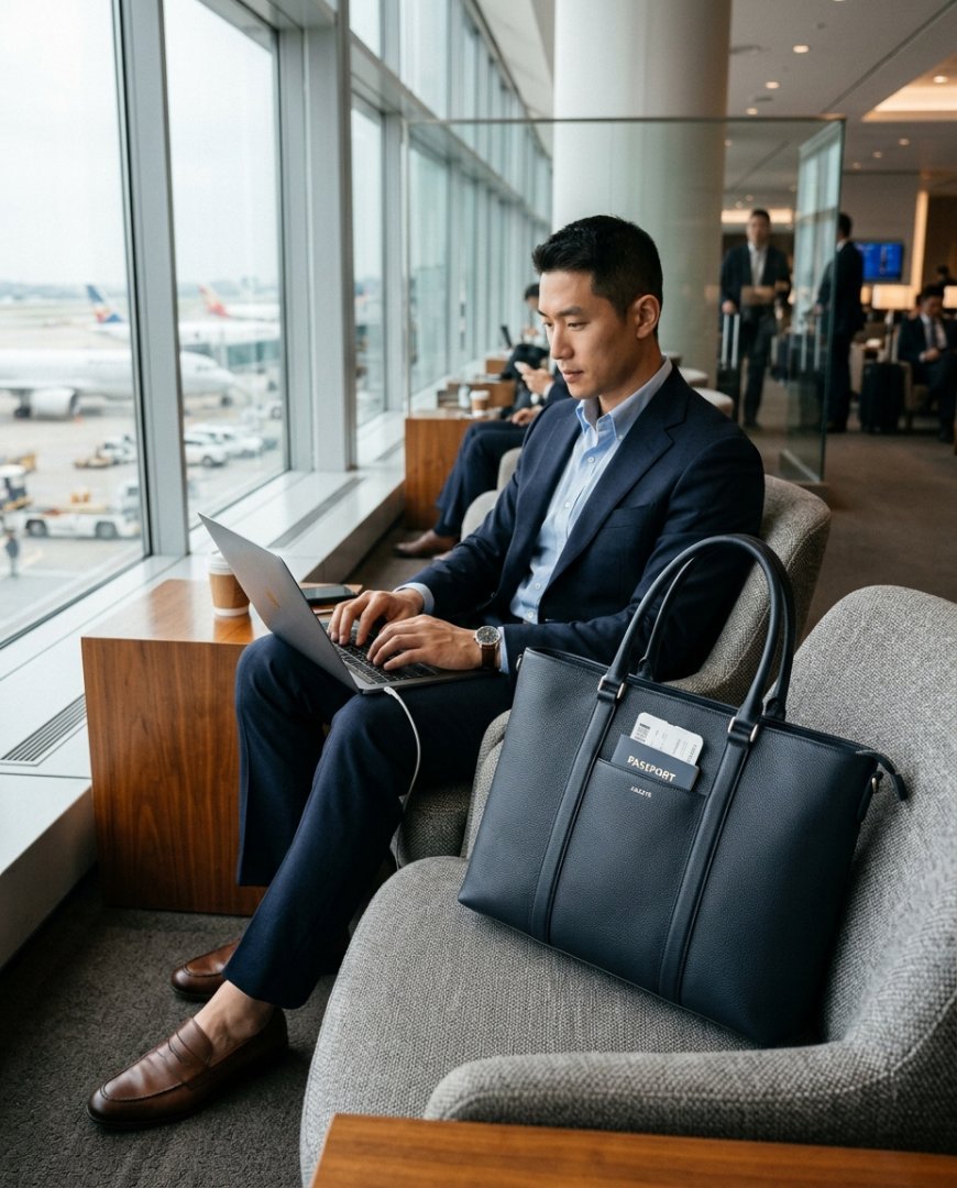 공항 라운지에서 여러 여행 필수품과 놓인 토트백