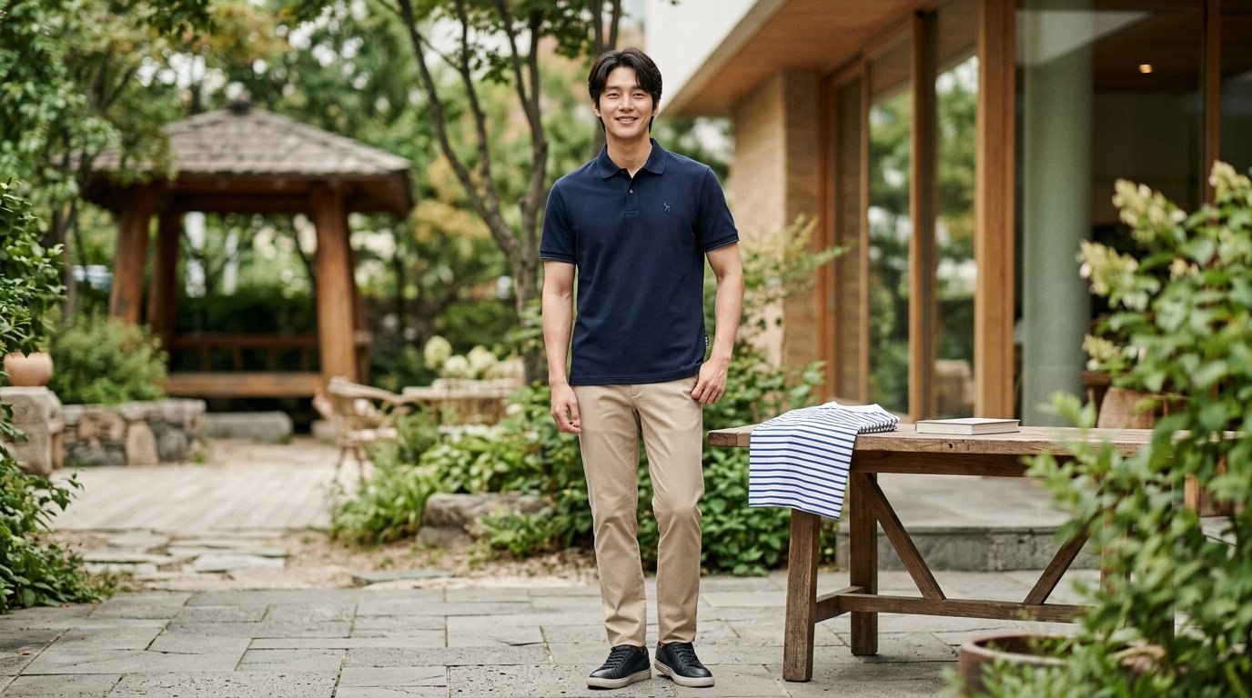 도시 광경에서 헤지스 티셔츠를 입은 모델들이 서로 다른 스타일로 걷고 있는 장면.