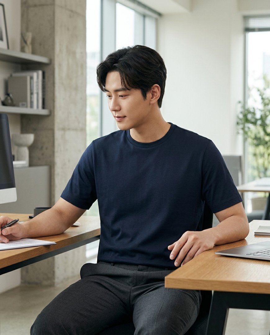 차콜 색상의 티셔츠를 입은 남성이 사무실 책상 앞에 있는 모습