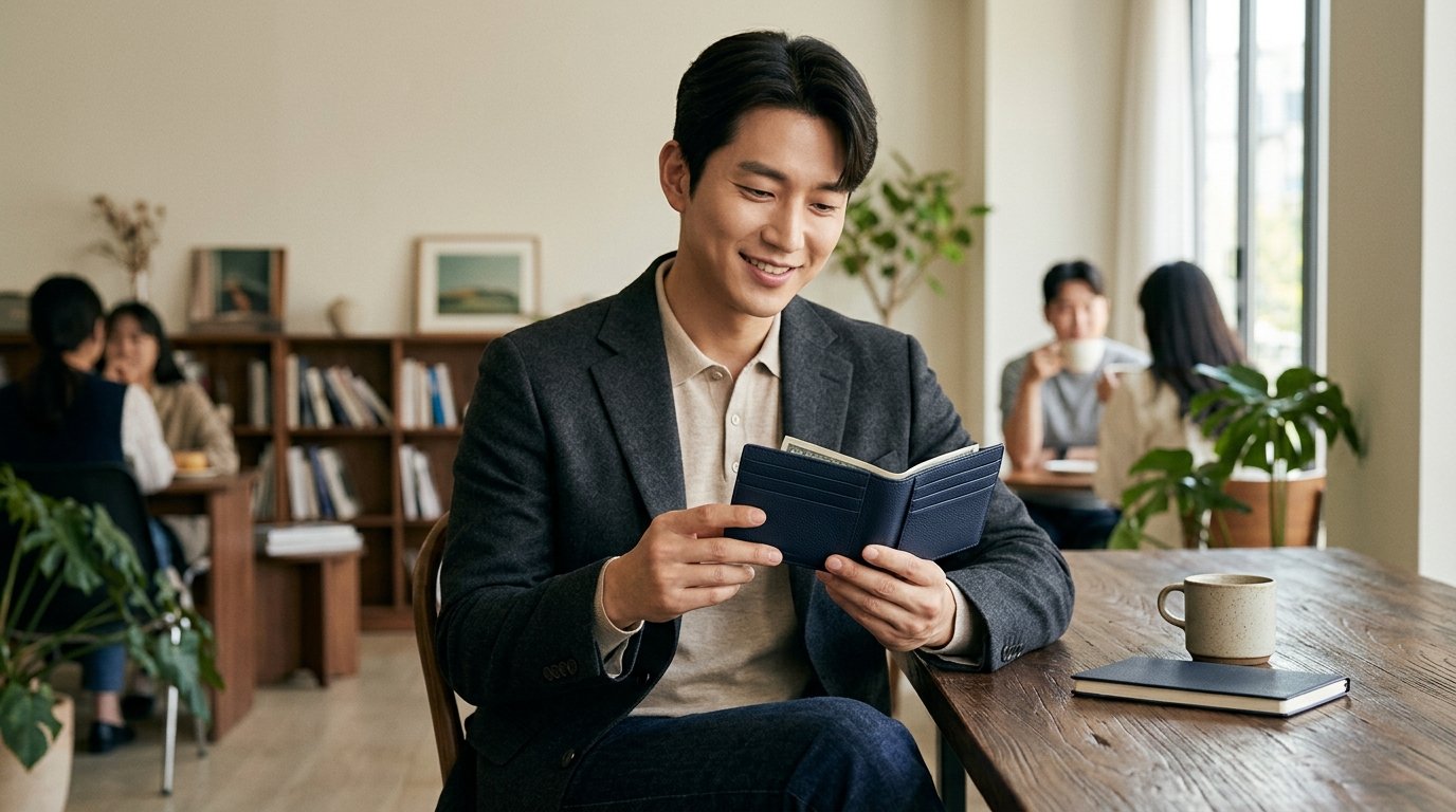 다양한 반지갑이 넓게 전시된 세련된 디스플레이.