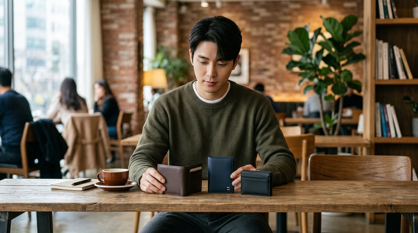 다양한 남성 지갑이 나무 테이블에 놓인 모습