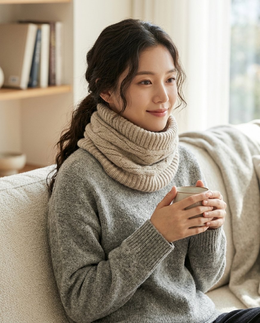 공원 벤치에서 캐주얼한 티셔츠와 블랙 넥워머를 착용한 사람 모습
