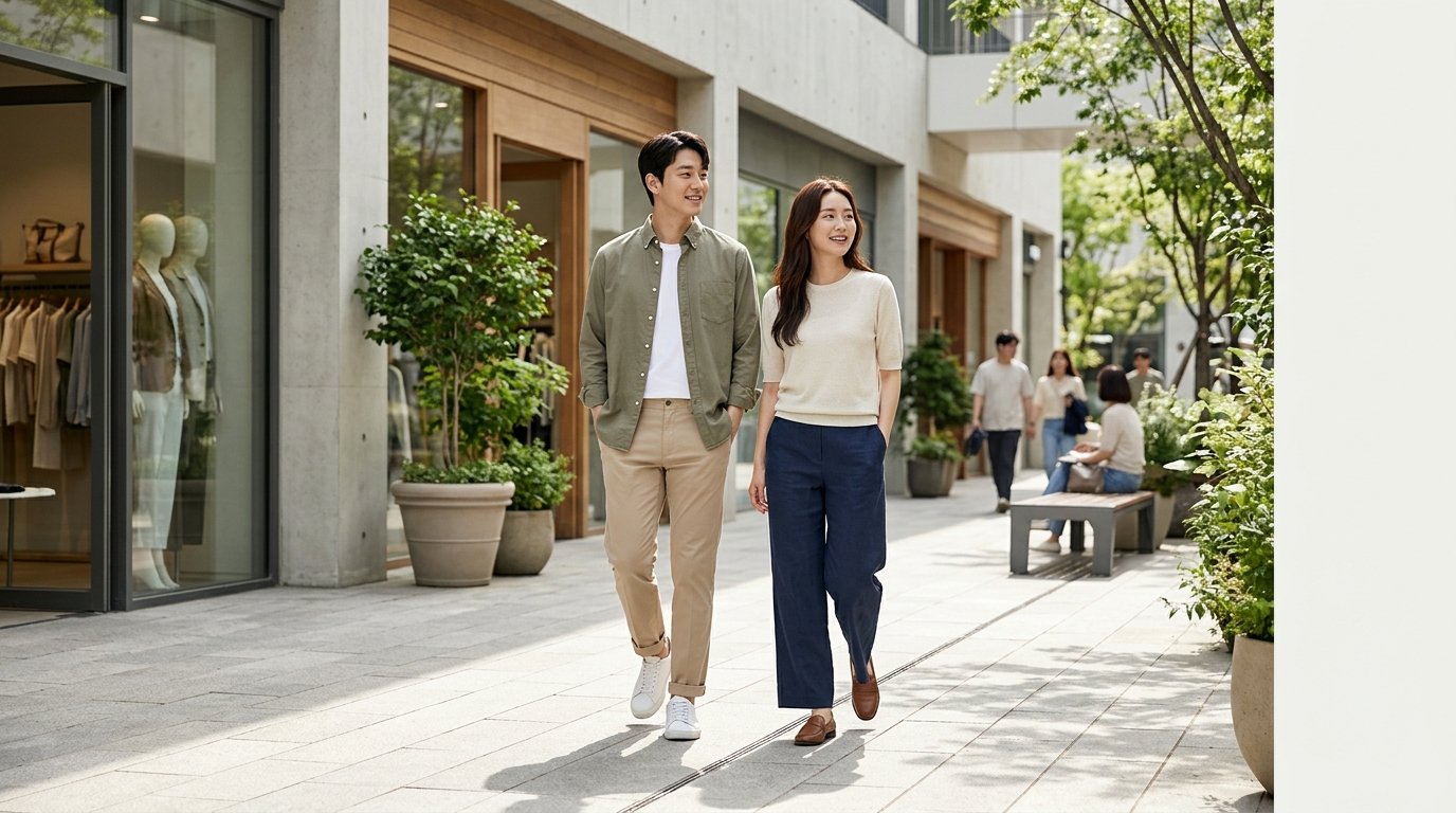 도시 거리에서 헤지스 팬츠를 입고 걷는 사람들 모습