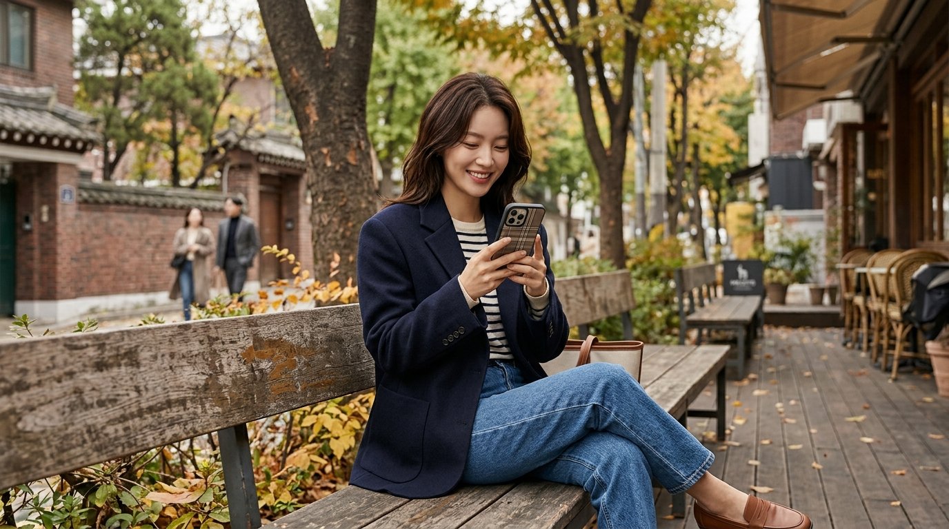 카페 테이블 위에 가방과 핸드폰케이스가 함께 놓여 있다