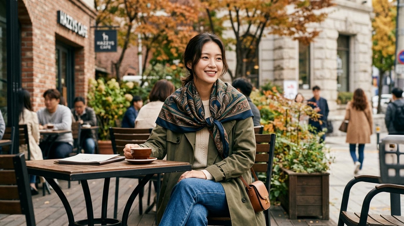 다양한 패턴과 색상의 헤지스 스카프가 걸린 디스플레이
