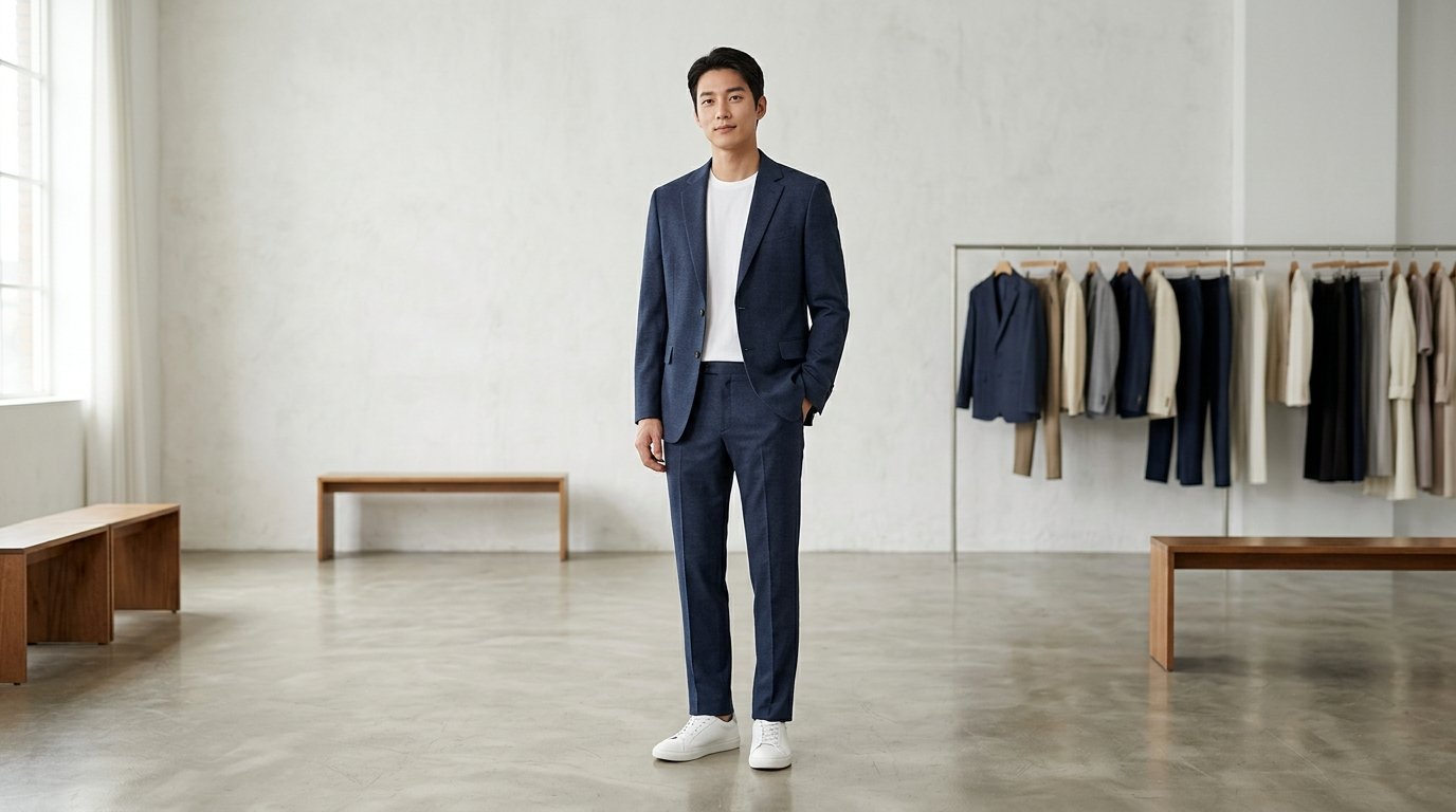 도심 거리에서 세련된 스타일로 포즈를 취한 모델