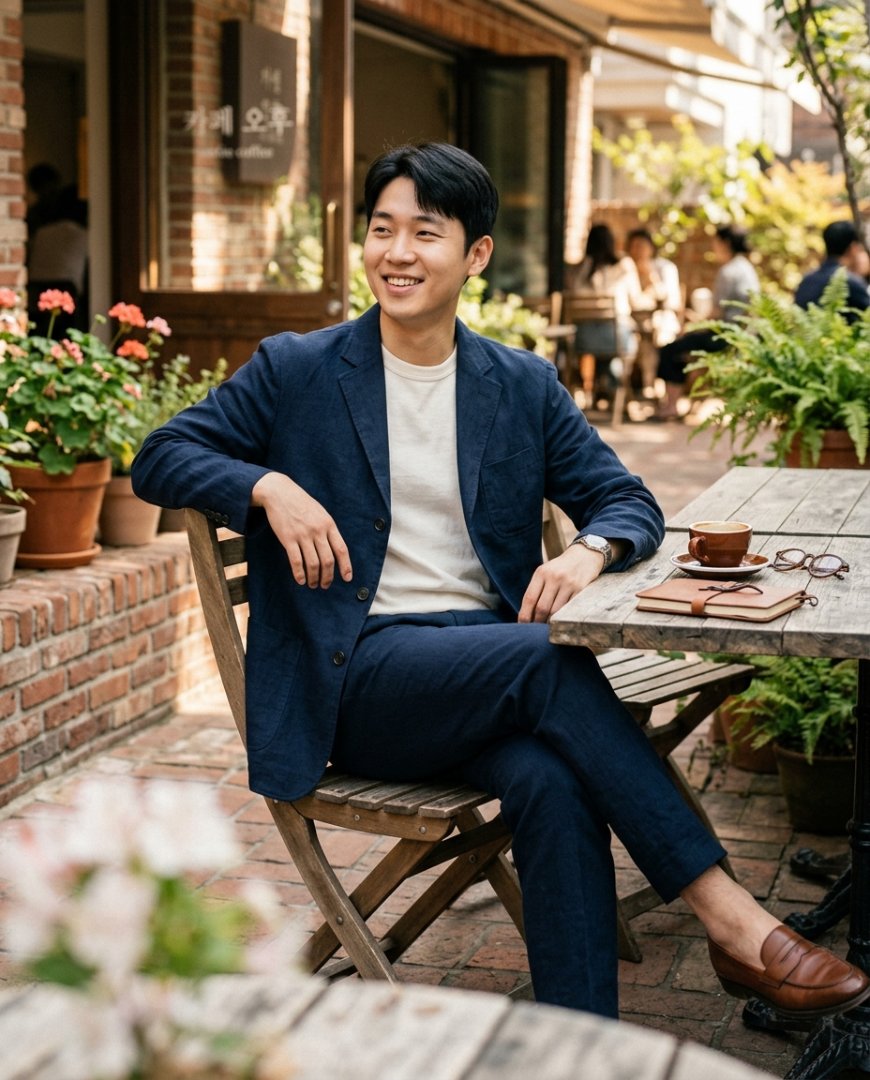 카페에서 베이지 셋업과 스니커즈를 착용한 모델