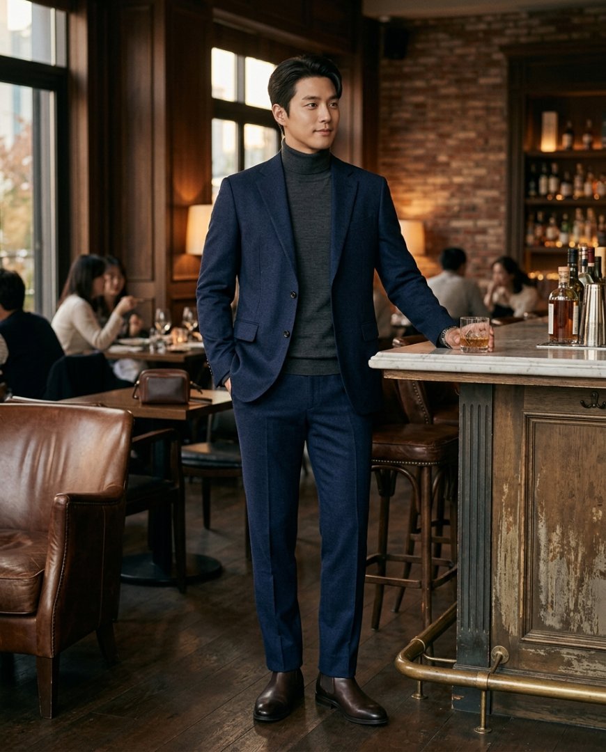 도시 밤 거리에서 셋업과 로퍼를 착용한 모델