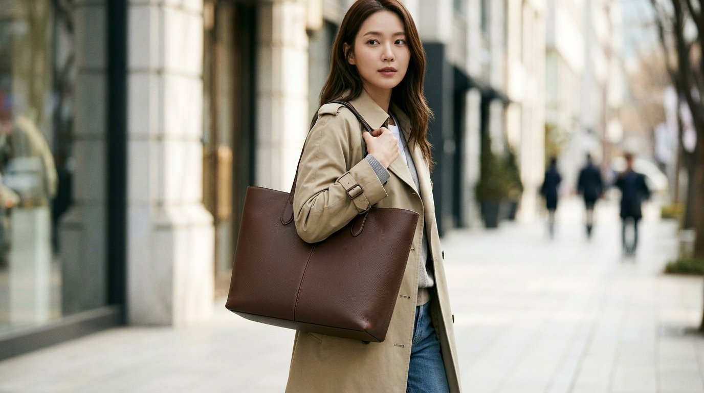 카페 테이블에 블랙과 베이지 색상의 다양한 쇼퍼백 배치됨