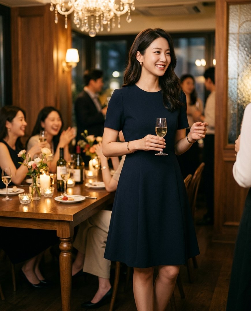 조명 아래 놓인 브라운 원피스와 블랙 힐
