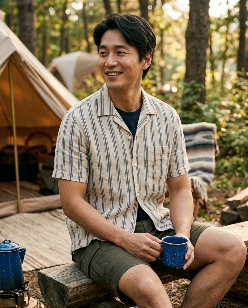 캠핑장에서 데님 반바지를 입은 사람