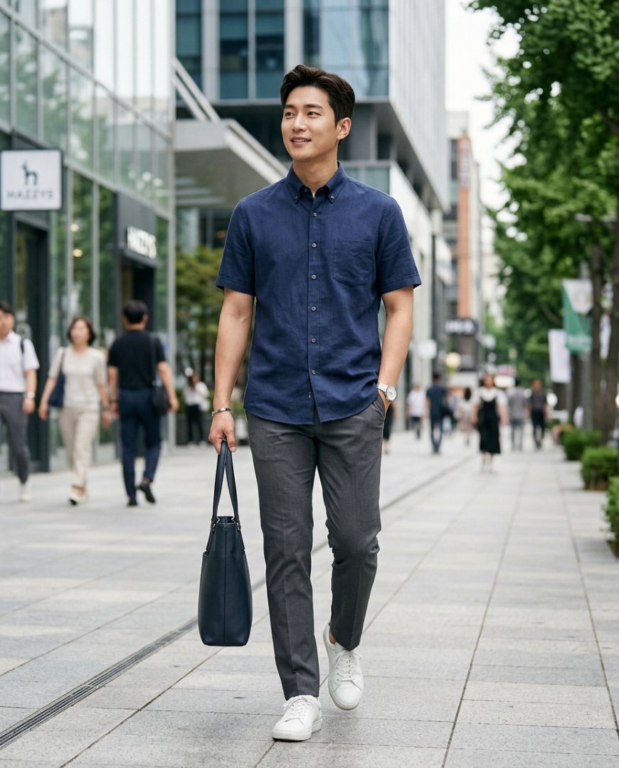 도시적인 배경의 네온 조명 아래 셔츠 스타일