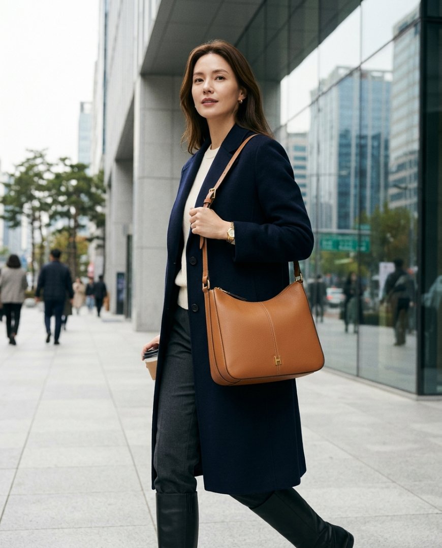 모노톤의 도시 풍경과 아이보리 캔버스백이 조화롭게 매치된 모습